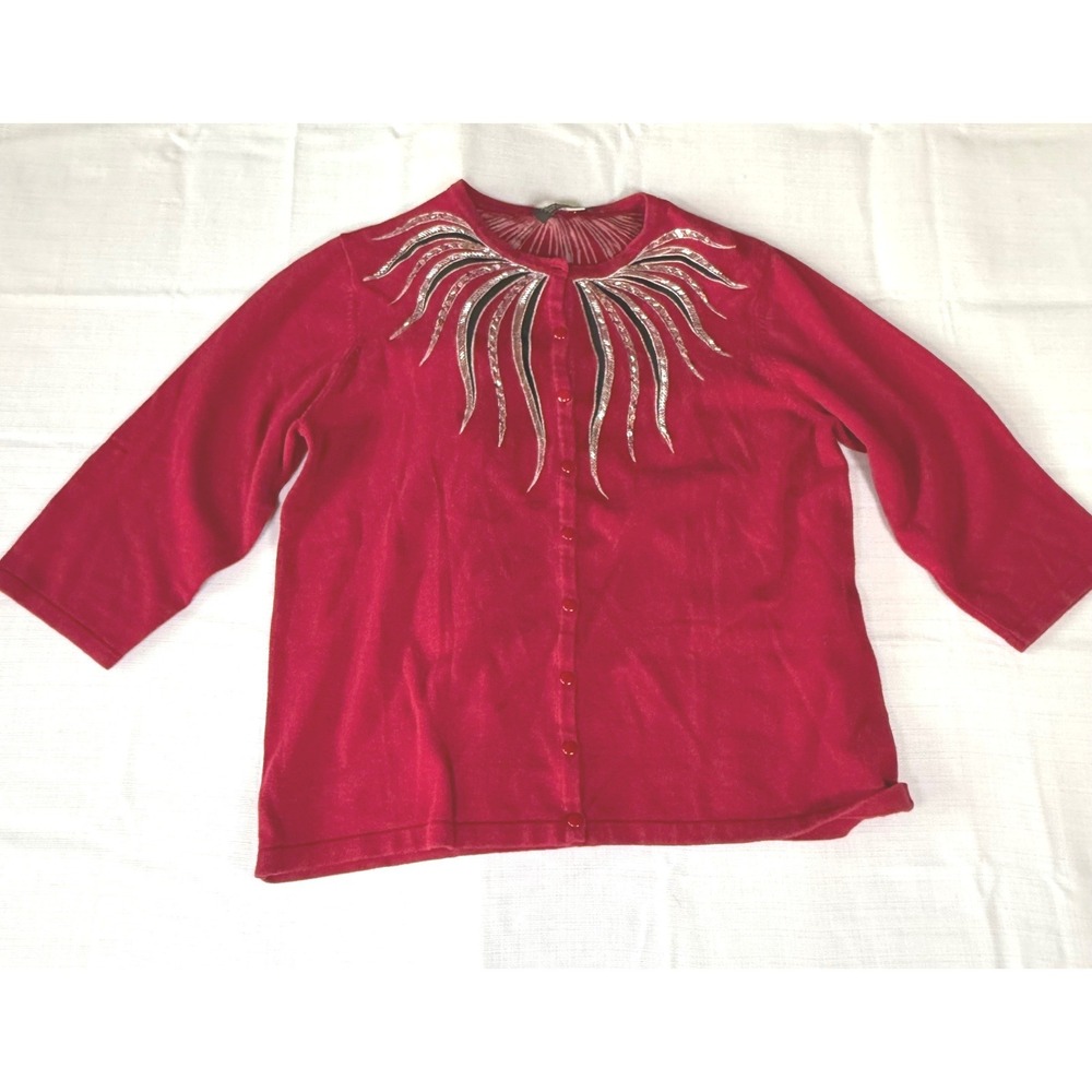 Vintage Bob Mackie Wearable Art Red Embellished Cardigan Large 90s